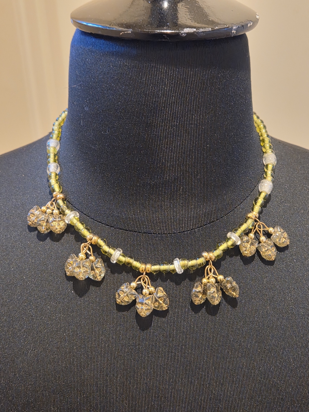 Olive Green Beaded Necklace with Gold Cat Face Charm Drops - Women Jewelry